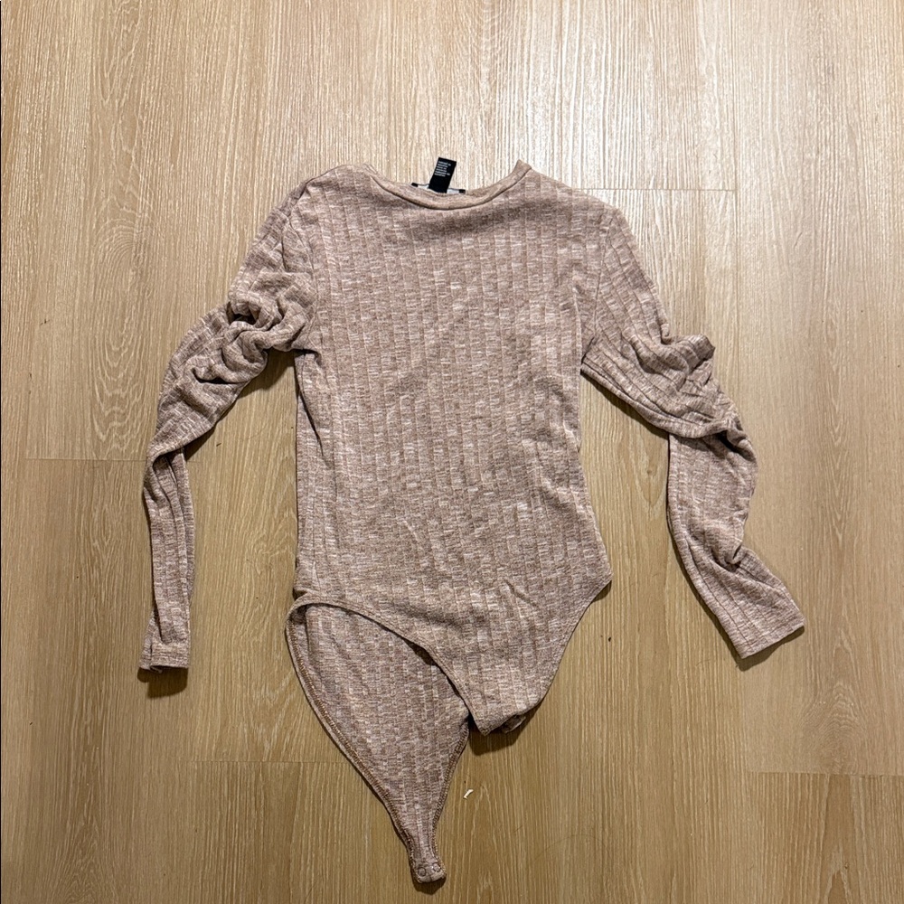 Forever 21 Ribbed Tan Long Sleeve Bodysuit